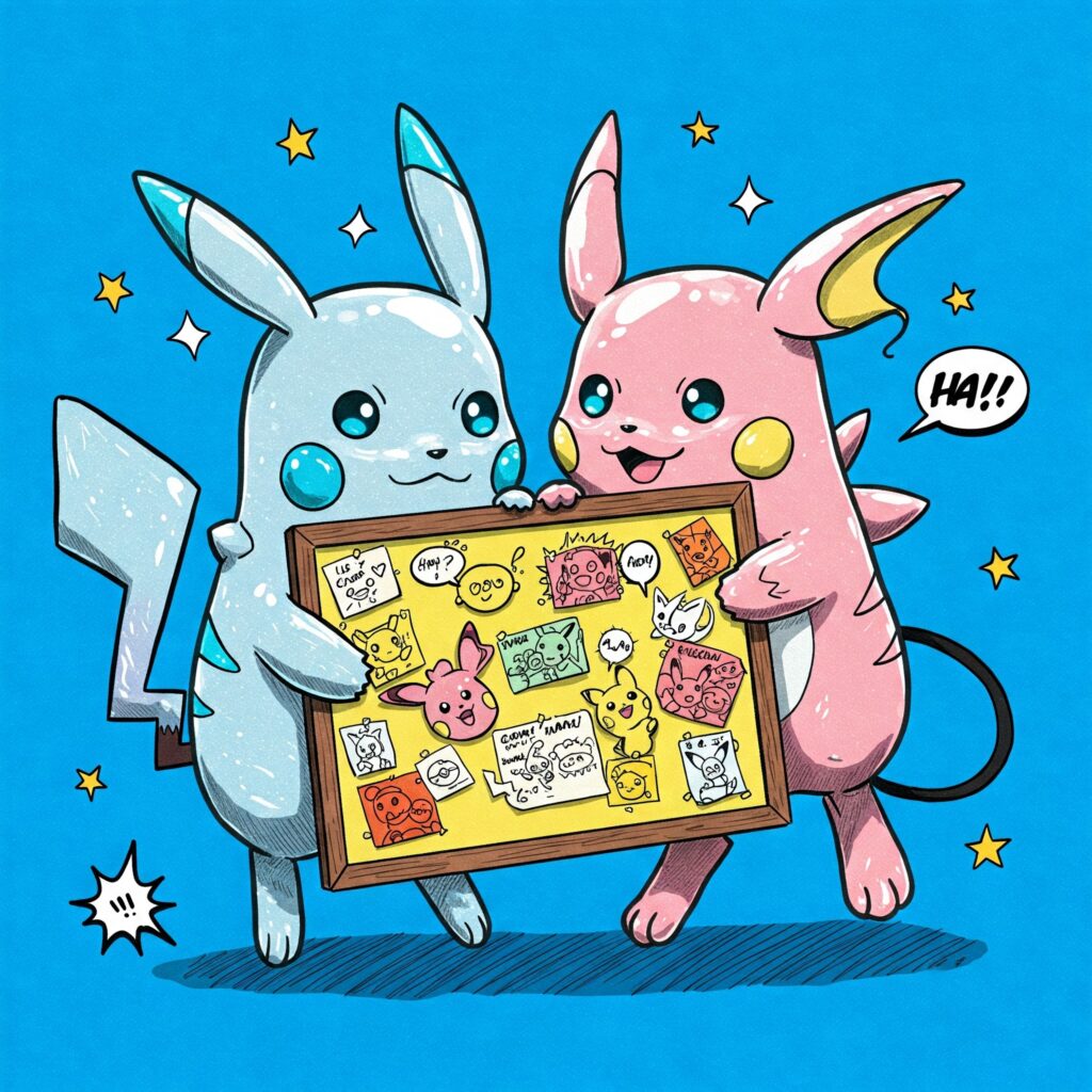 掲示板を持つピカチュウの偽物とライチュウの偽物のイメージ画像