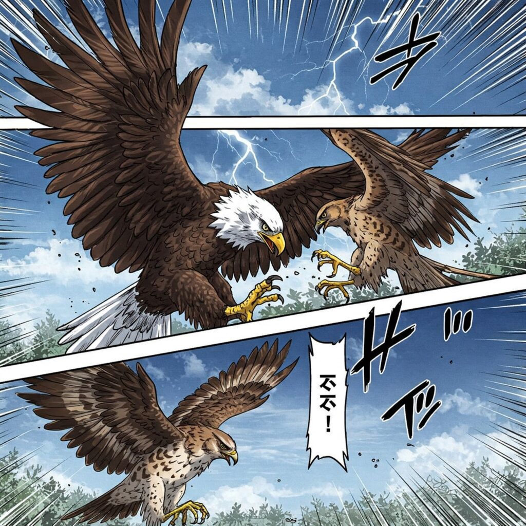 鷹と鷲が戦う漫画風の絵