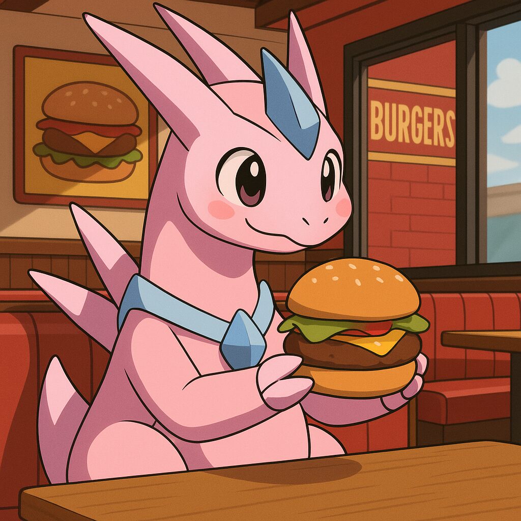 ハンバーガーを食べているピンク色の可愛いディアルガ風の画像