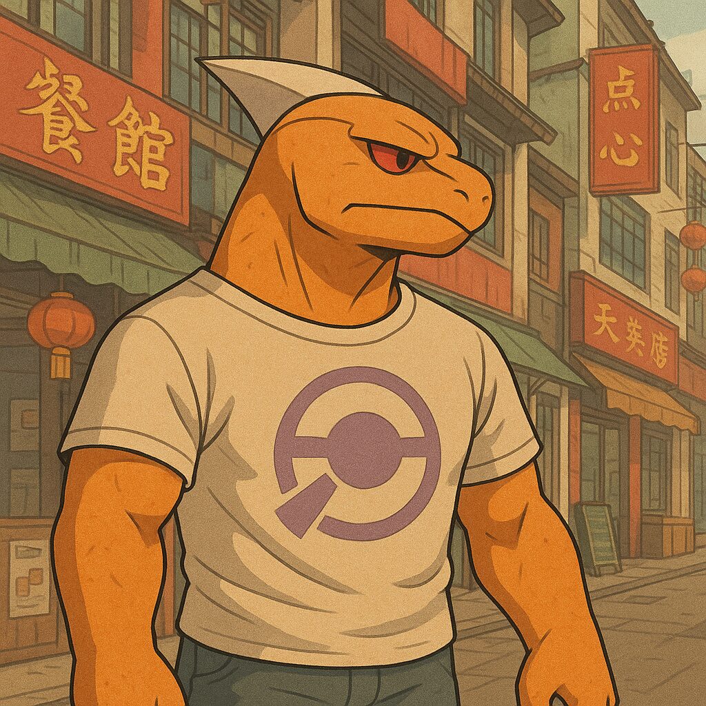 偽物のパルキアがTシャツを着て中華街を歩いているイメージ画像