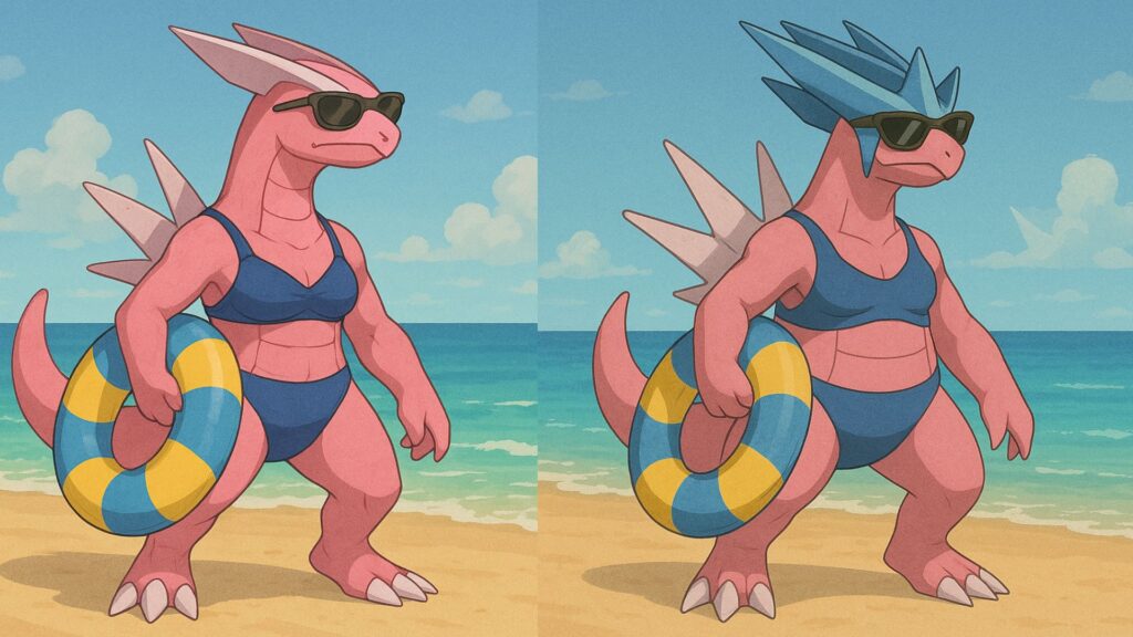 ビーチで浮き輪を持っていてビキニを着ているディアルガ風とパルキア風の画像