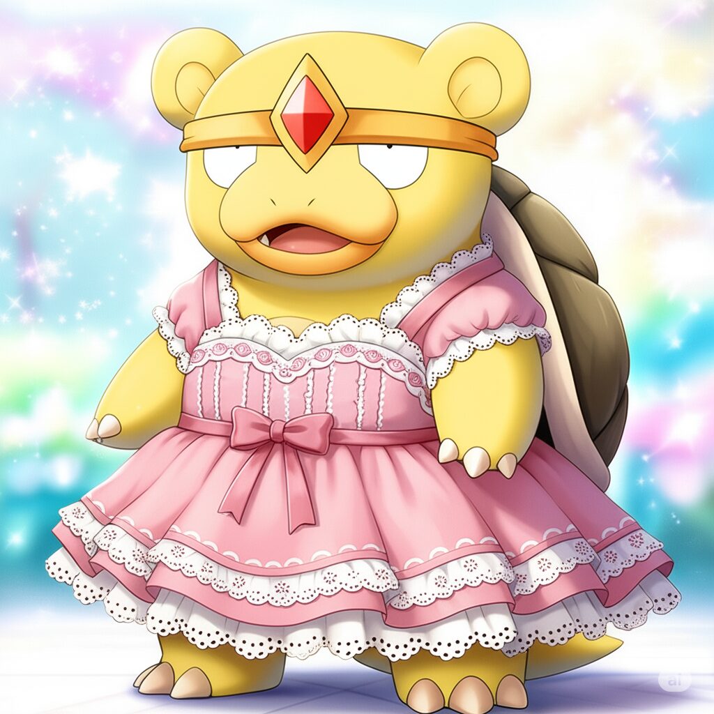 偽物のピンク色のドレスを着た、黄色のヤドキング画像