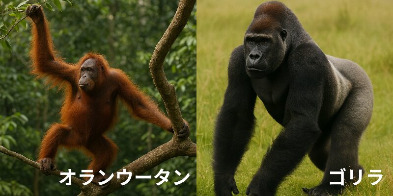 樹の上を歩くオランウータンと草原を歩くゴリラ