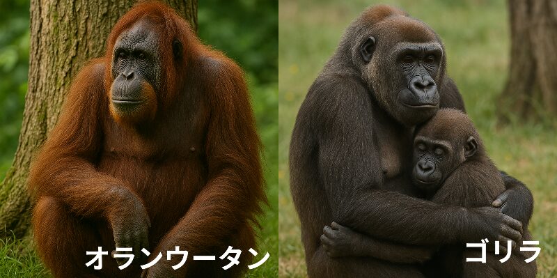 樹の根元に座るオランウータンと親子で抱き合うゴリラ