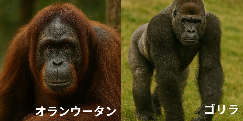 こちらを見るオランウータンと草原を歩くゴリラ