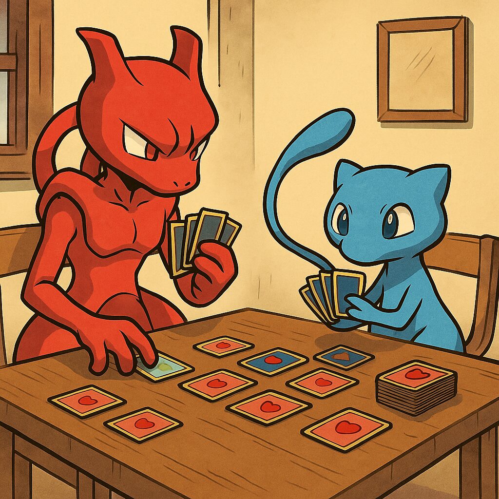 偽物のミュウツーとミュウがカードゲームをしている画像