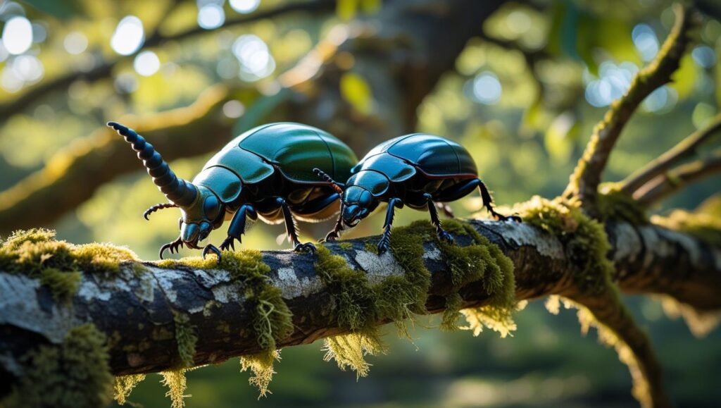 木の上を左に向かって歩くカブトムシとクワガタ