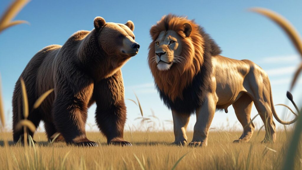 青空のもと向き合うクマとライオン