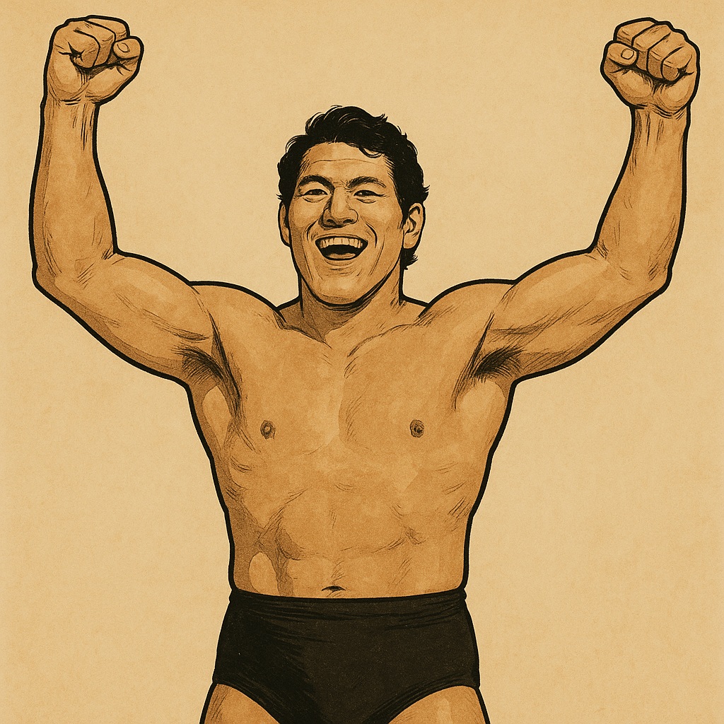 猪木をイメージした男性プロレスラーが両腕を上げて笑っている画像