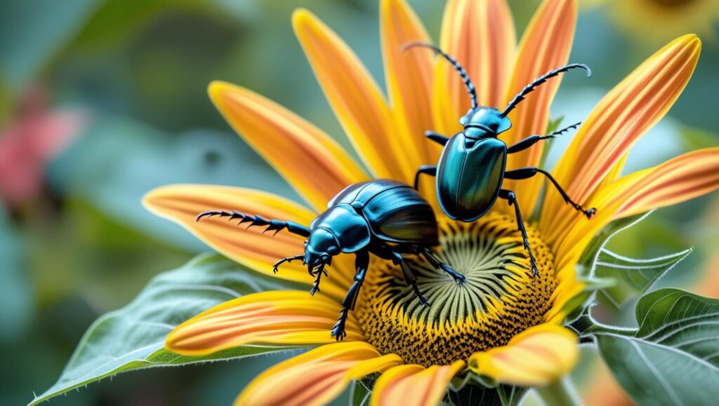 花の上で背を向けあうカブトムシとクワガタ