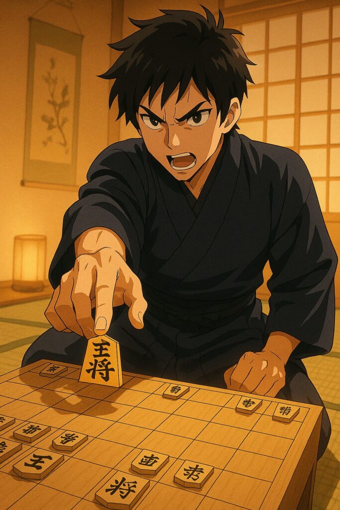 王手をかける青年の棋士のイラスト