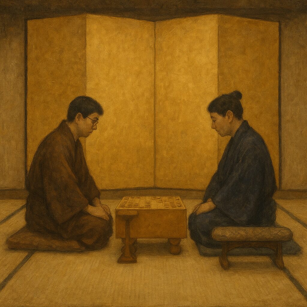 金屏風を背景に対局する男性二人の画像
