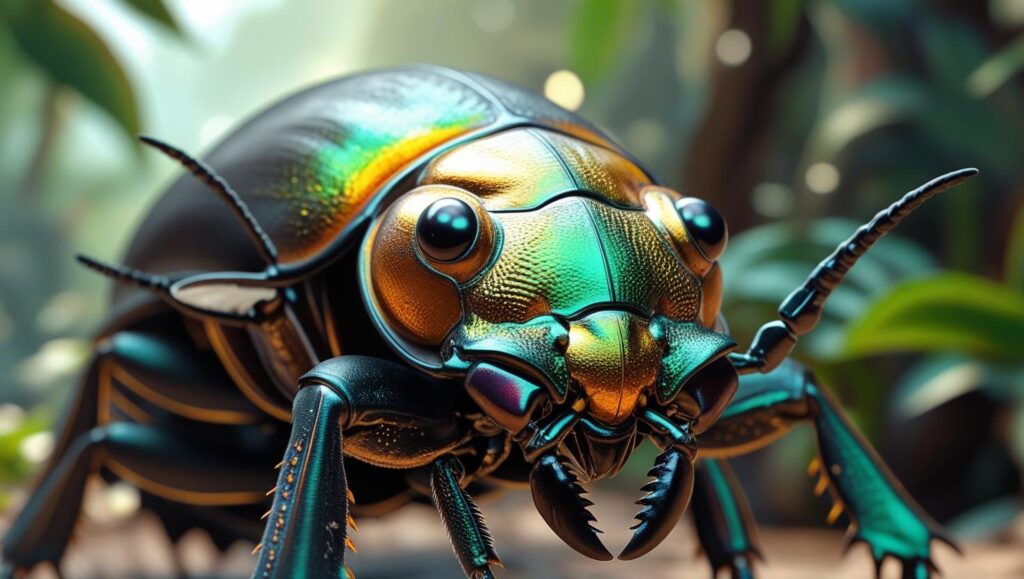 前を向く緑っぽいカブトムシ