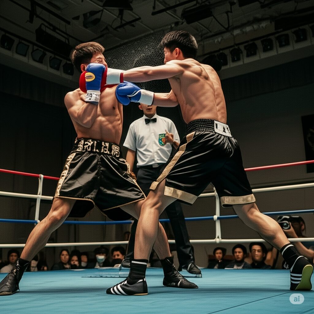 ボクシングの試合をする2人の男性選手