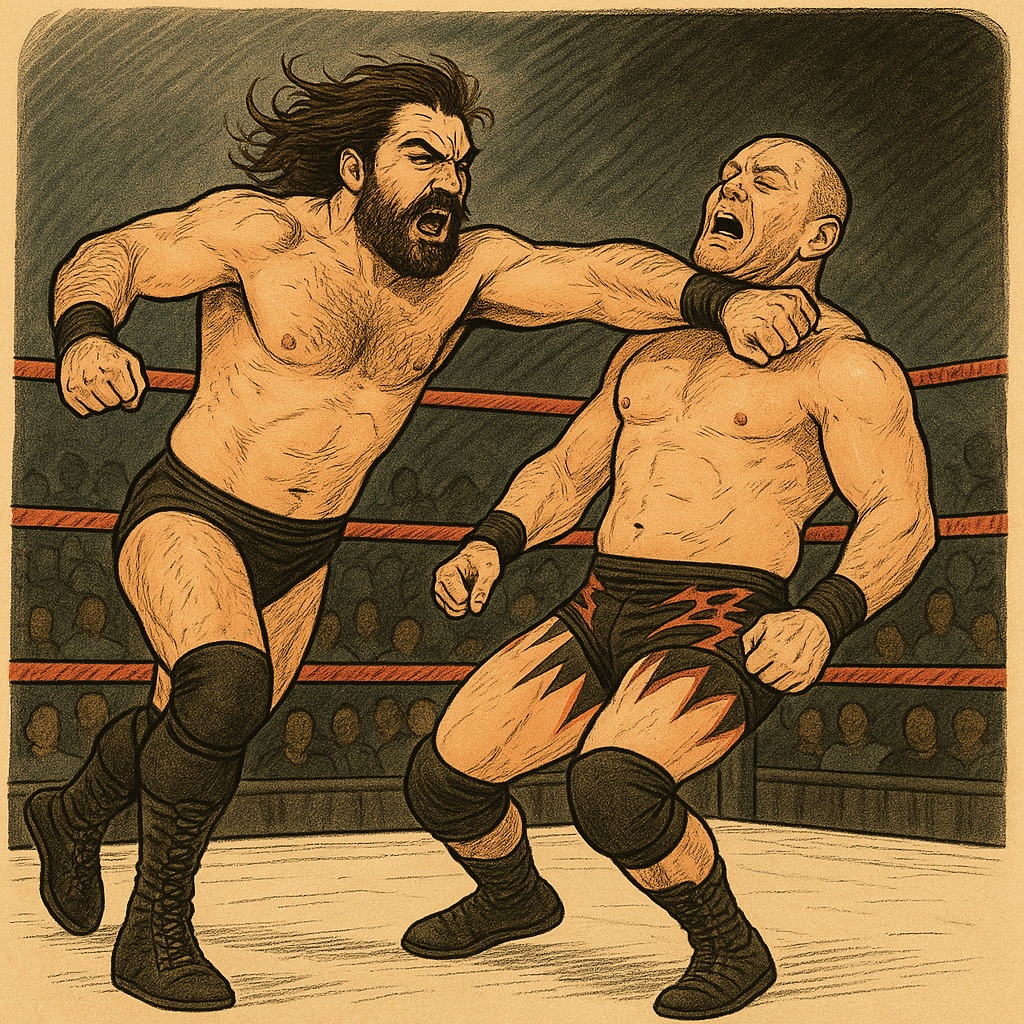ラリアットをする髭のプロレスラーと、それを受ける坊主のプロレスラーの画像