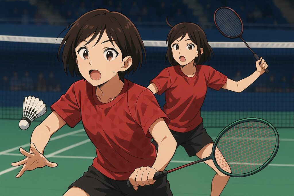 バドミントン女子ダブルスの試合をしているイラスト