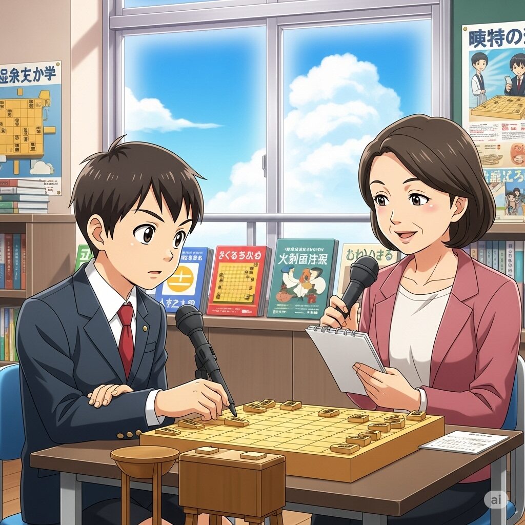 インタビューを受ける男子中学生の棋士のイラスト