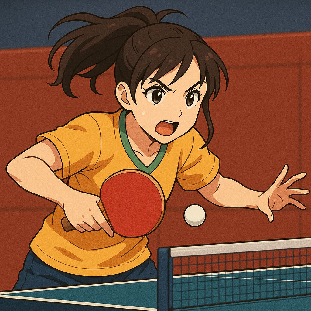 レシーブの構えを取る黄色いユニフォームの女子卓球選手のイラスト