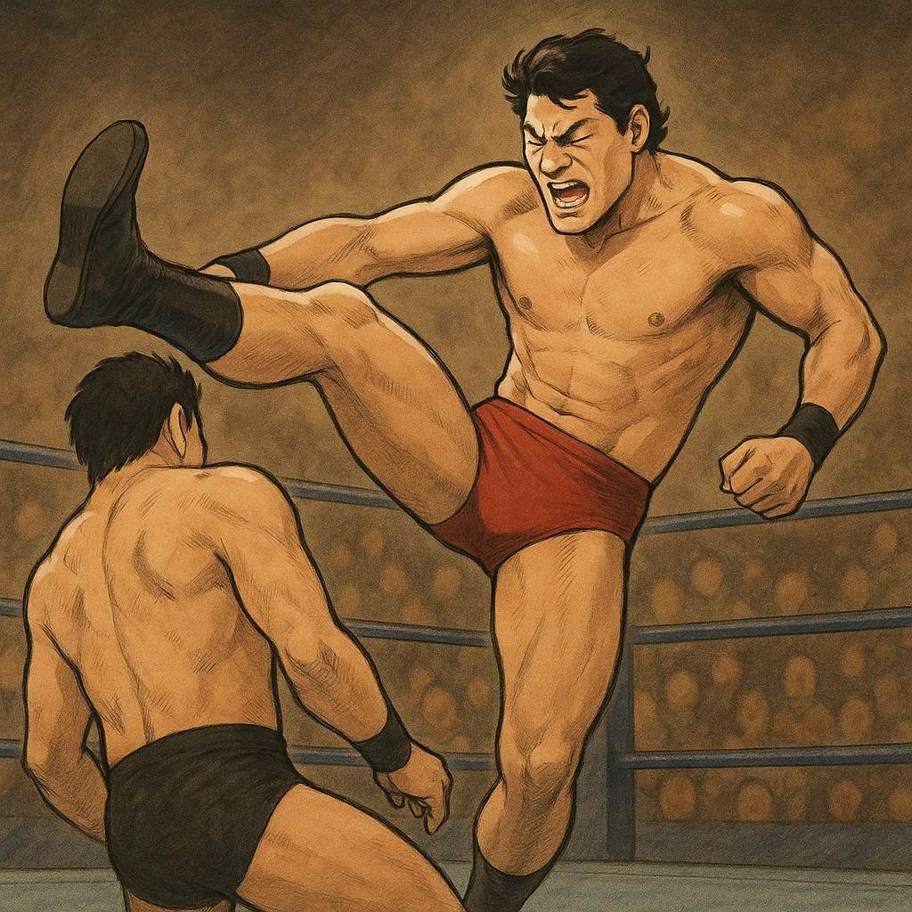 猪木をイメージしたプロレスラーが蹴りを繰り出している画像