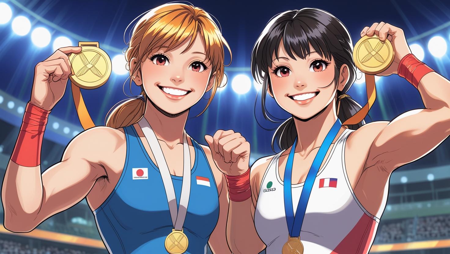 金メダルをもつアニメキャラの二人の女子レスリング選手