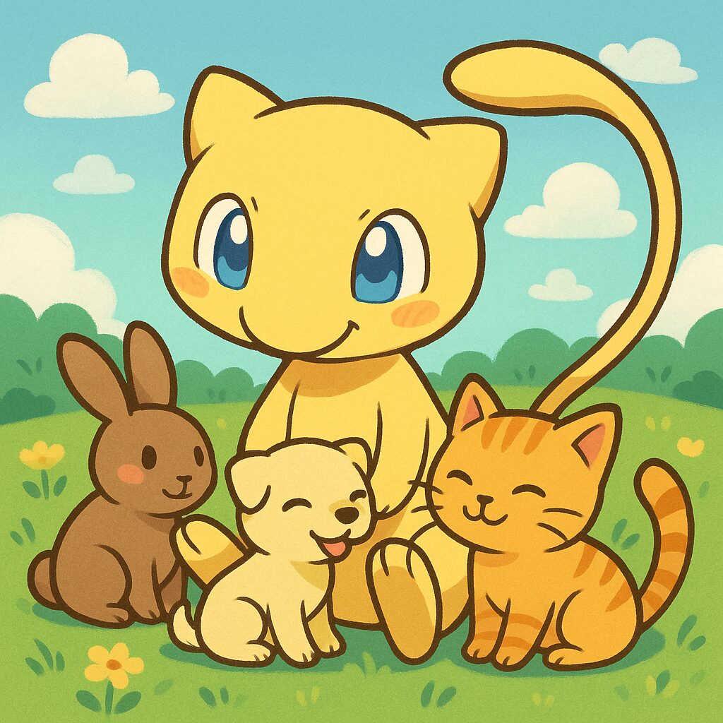 偽物の黄色のミュウが動物と戯れている画像
