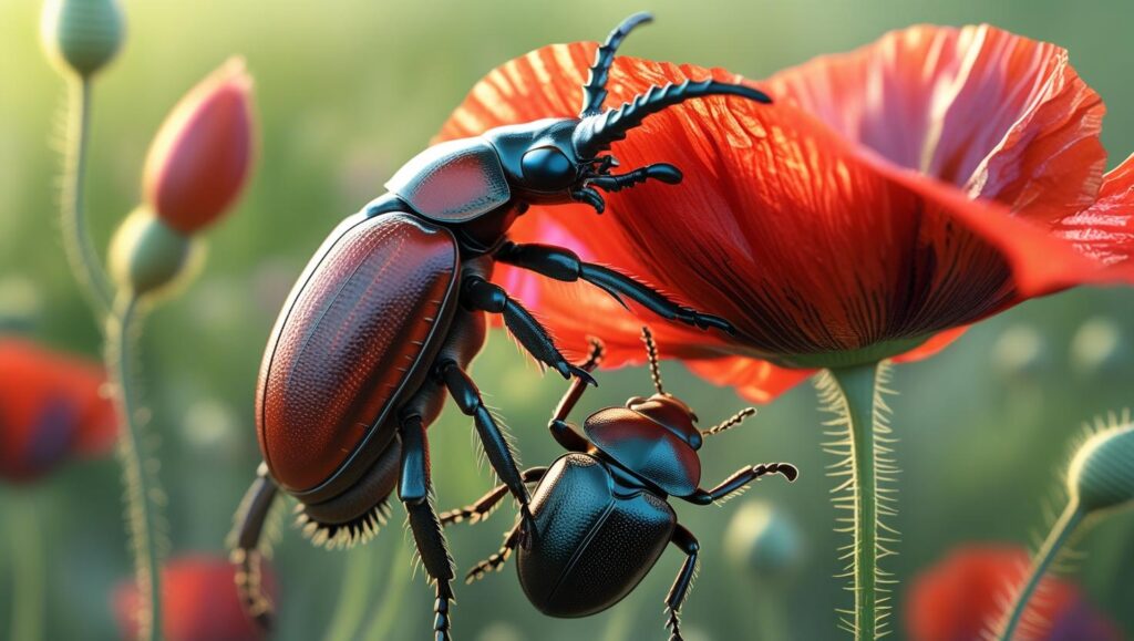 花の上にいるカブトムシとクワガタ