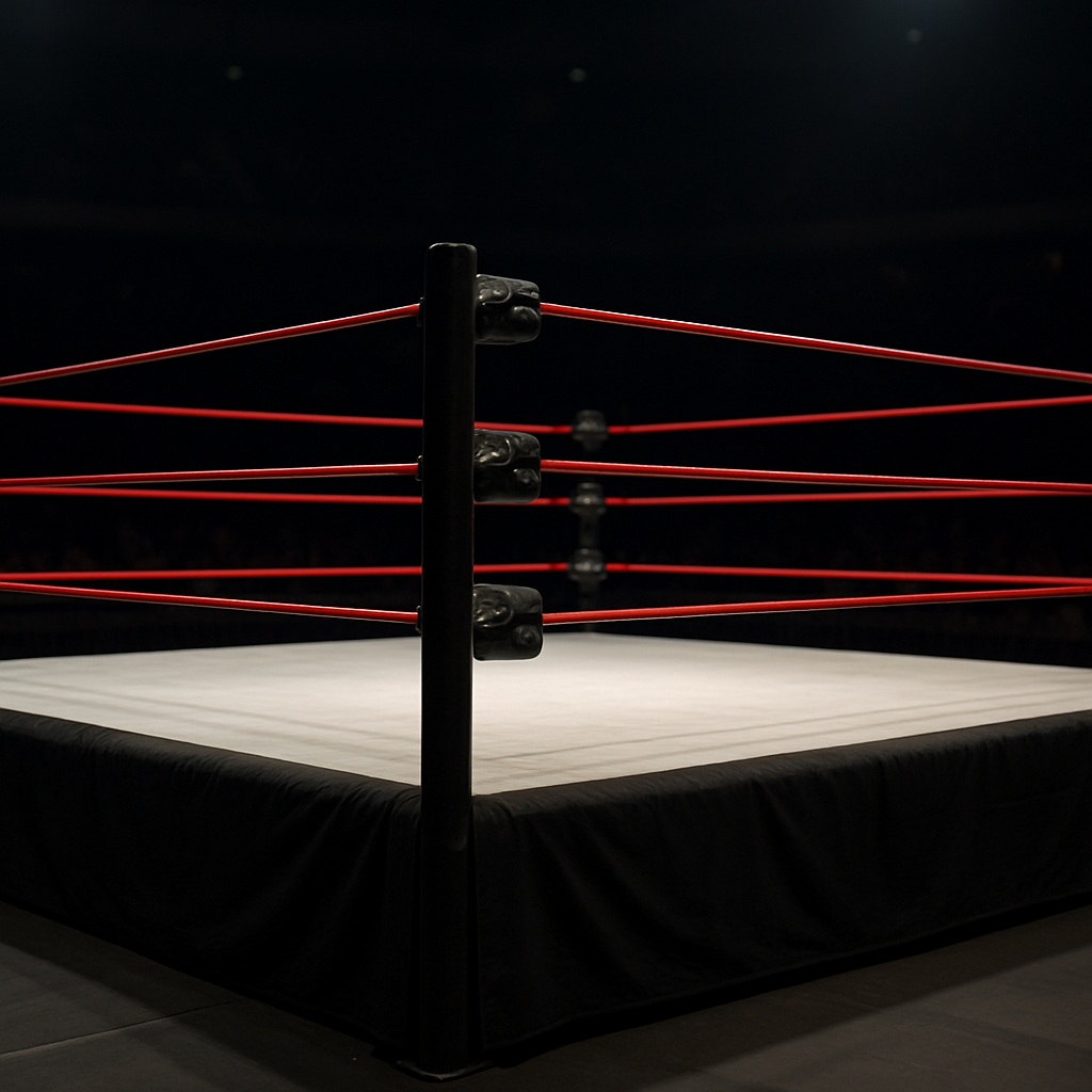 白いマットと赤いロープのプロレスリングの画像