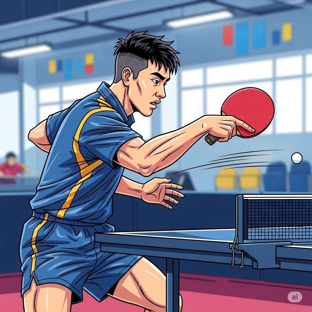 練習場でラリーをする青い服を着た日本人のシェイクの卓球選手のイラスト