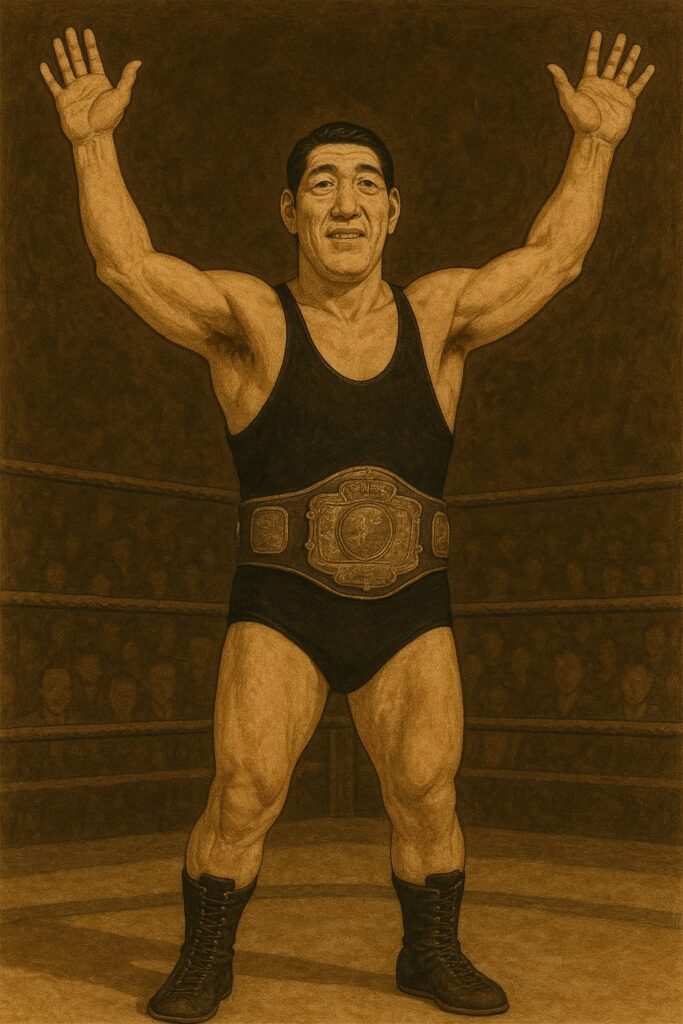 馬場をイメージした男性プロレスラーがベルトを巻いて両腕を上げている画像