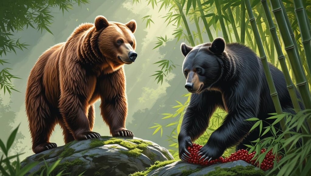 森で向き合うヒグマとツキノワグマ