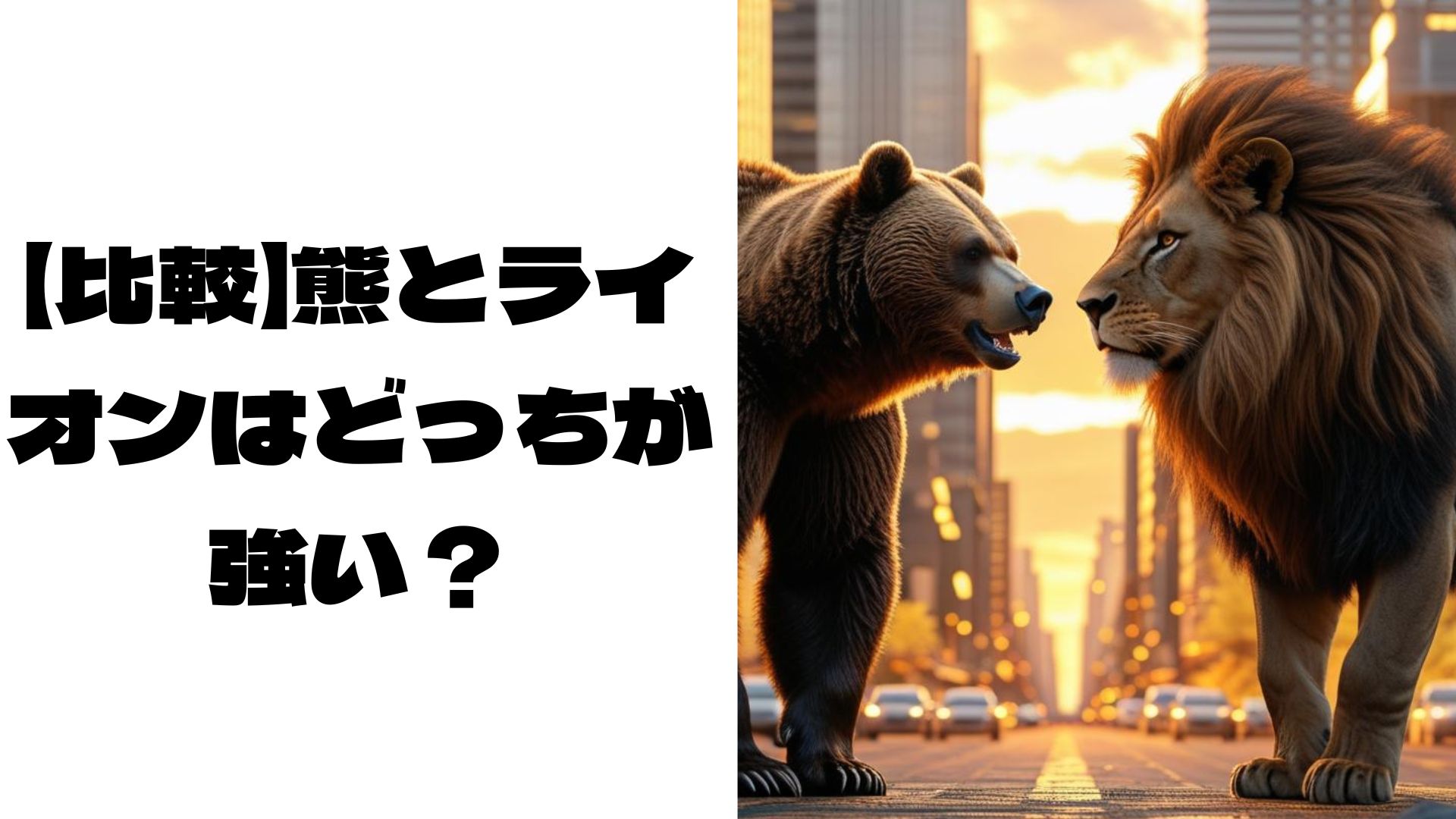街で向き合うクマとライオン