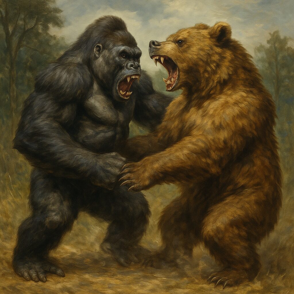 ゴリラと熊が戦っている画像