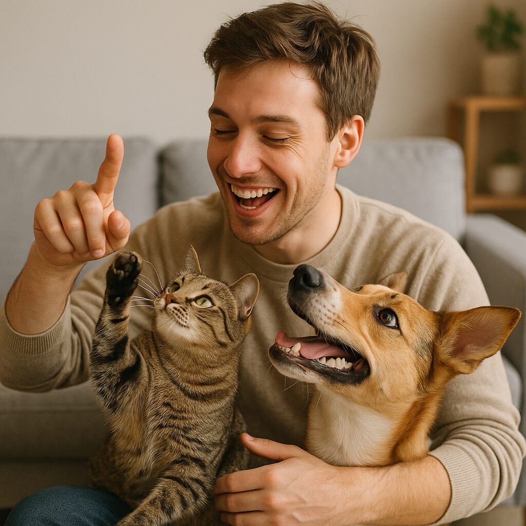人間に抱かれる猫と犬の画像