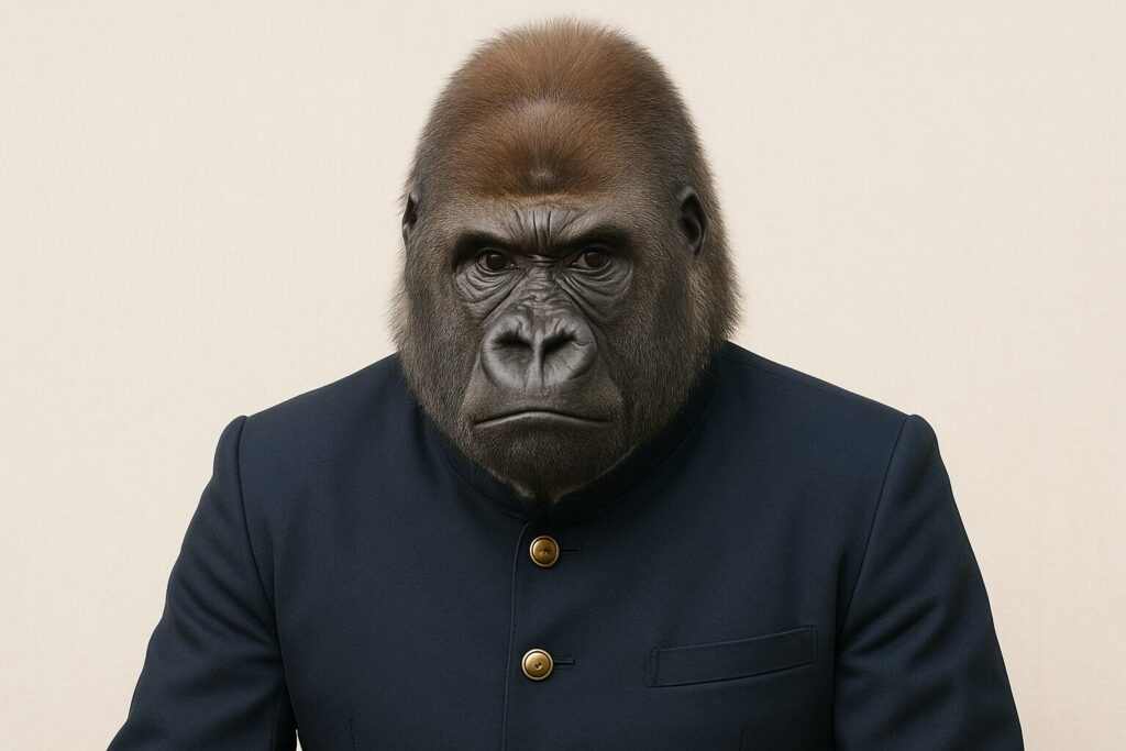 学生服を着たゴリラの画像