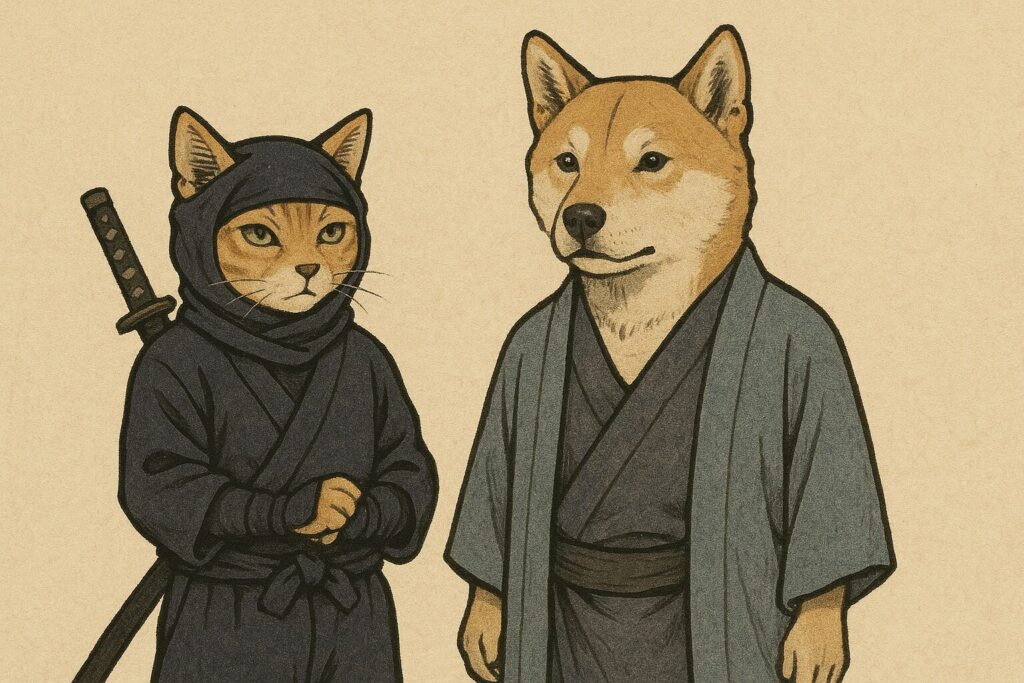 忍者の猫と侍の犬の画像