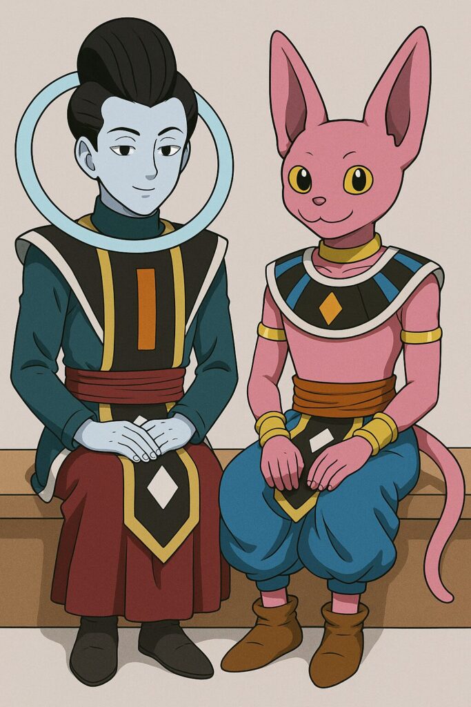 偽物のウイスとビルスが座っている画像