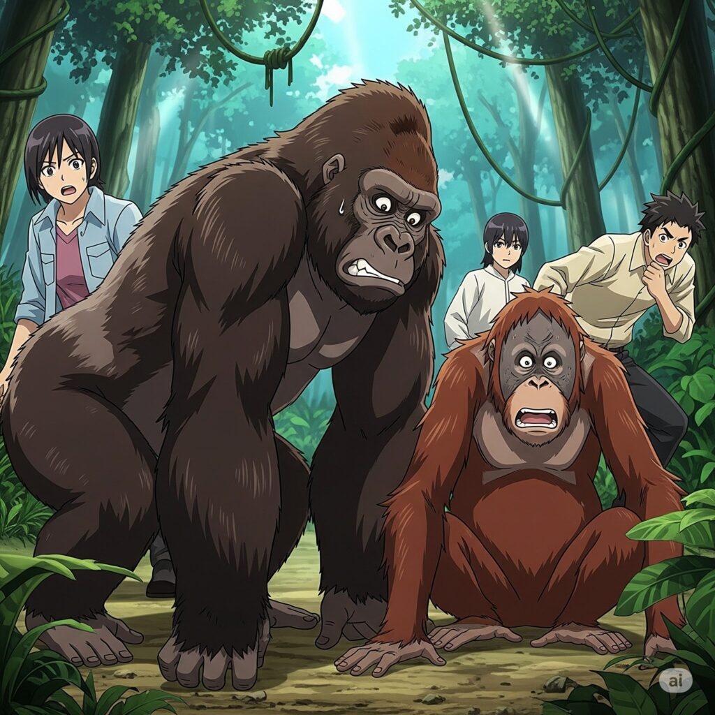 ゴリラとオラウータンが人間に怯える画像