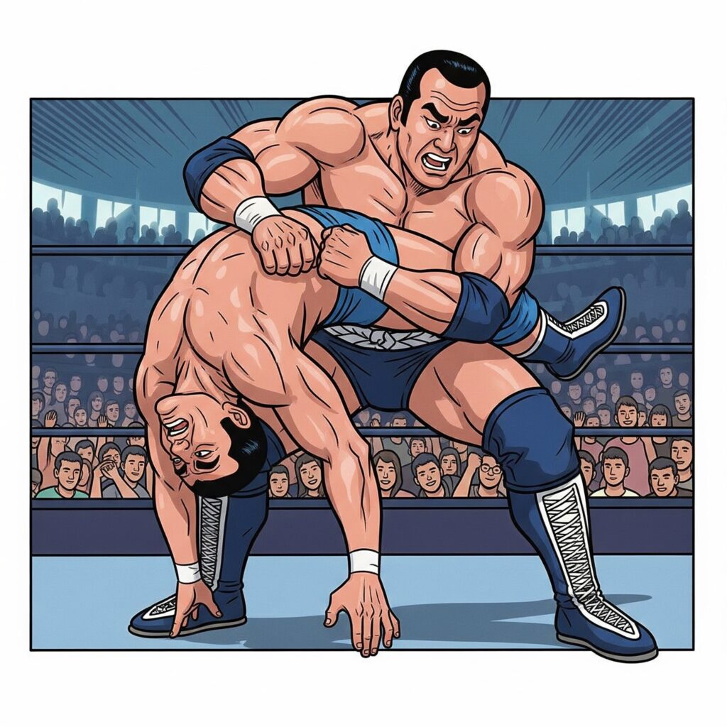 リングの上で対戦相手に技をかけるプロレスラーのイラスト