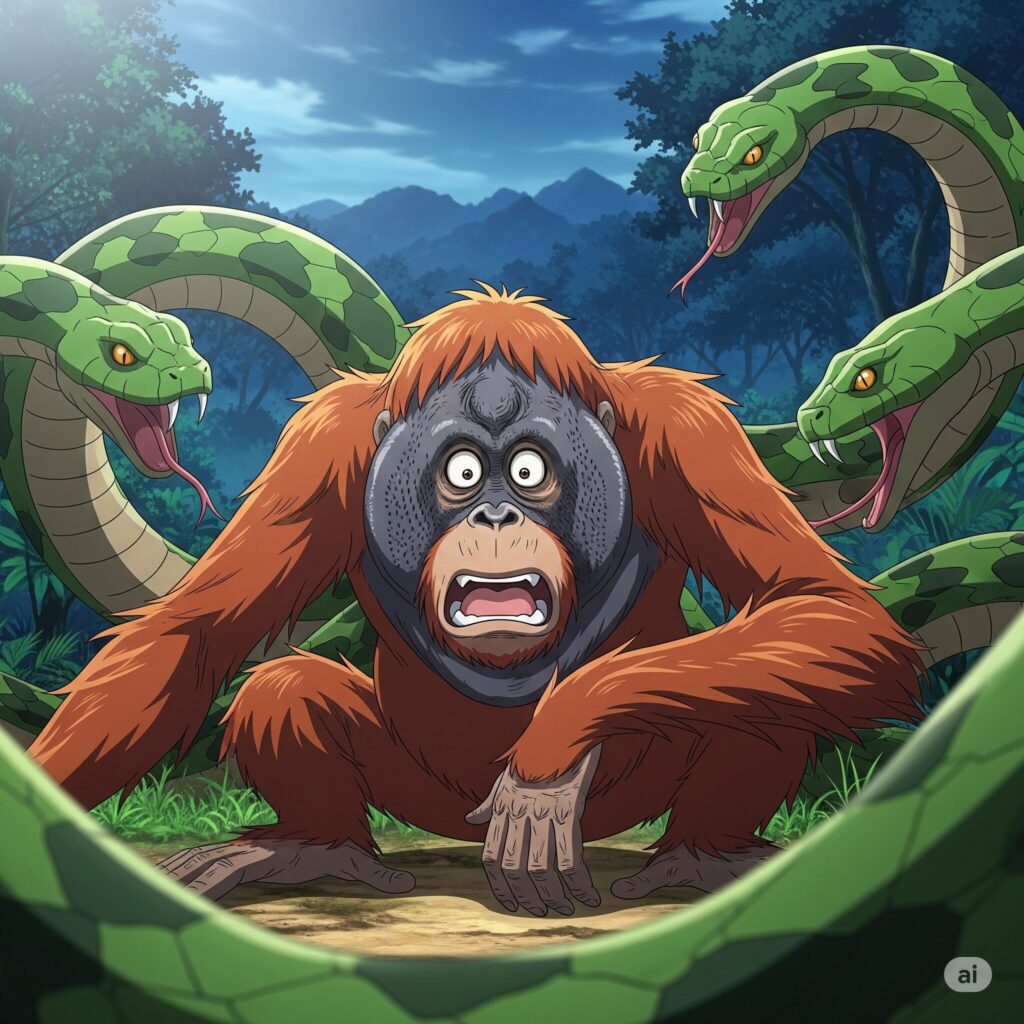 ヘビにおさわれ怯えるオラウータン
