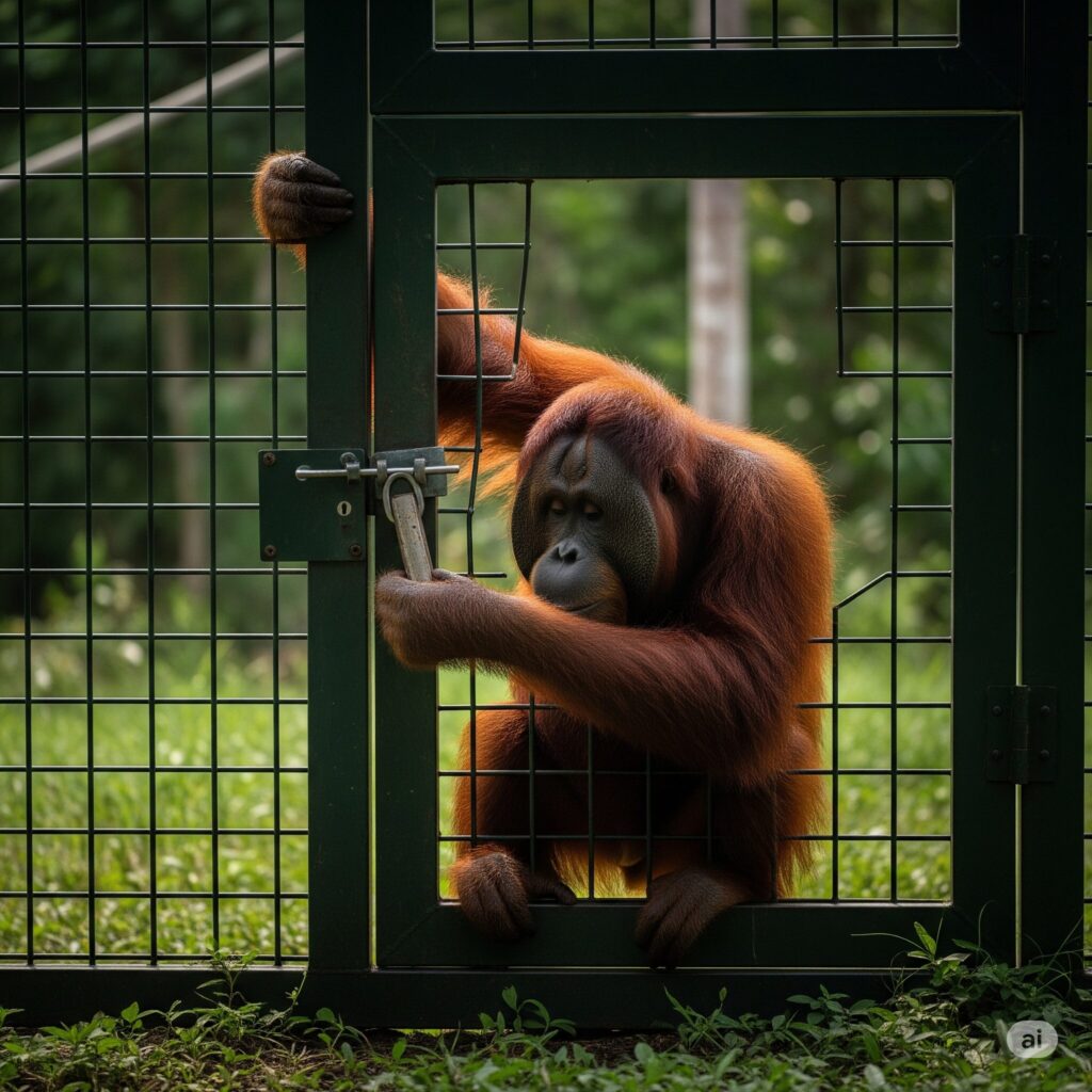 檻から脱走するオランウータン