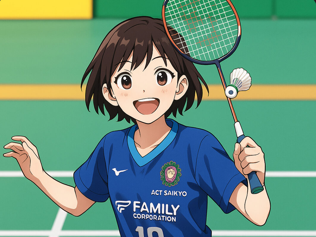 バドミントンの試合で楽しむ少女