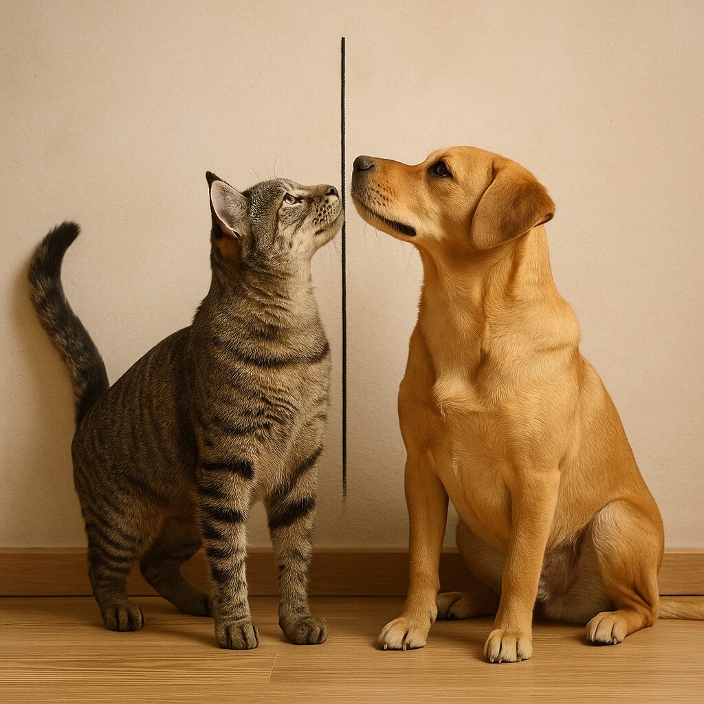 大きさ比べをする猫と犬