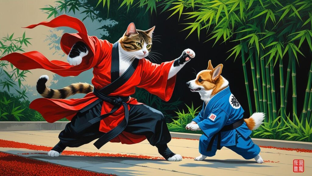 カンフーマスターの猫と柔道家の犬の画像