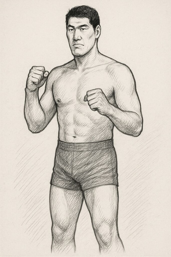 馬場に似た男性プロレスラーが勇ましく立って構えるスケッチ風のイラスト