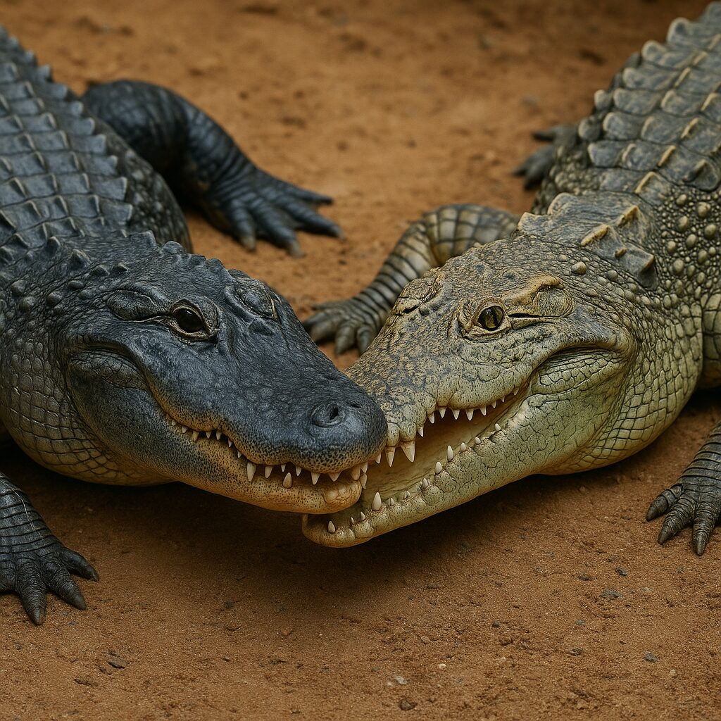 鼻先を突き合わせるアリゲーターとクロコダイルの画像