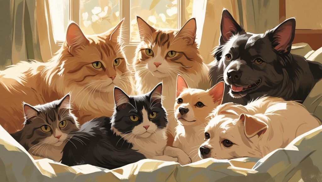 猫と犬が集まってくつろいでいる画像