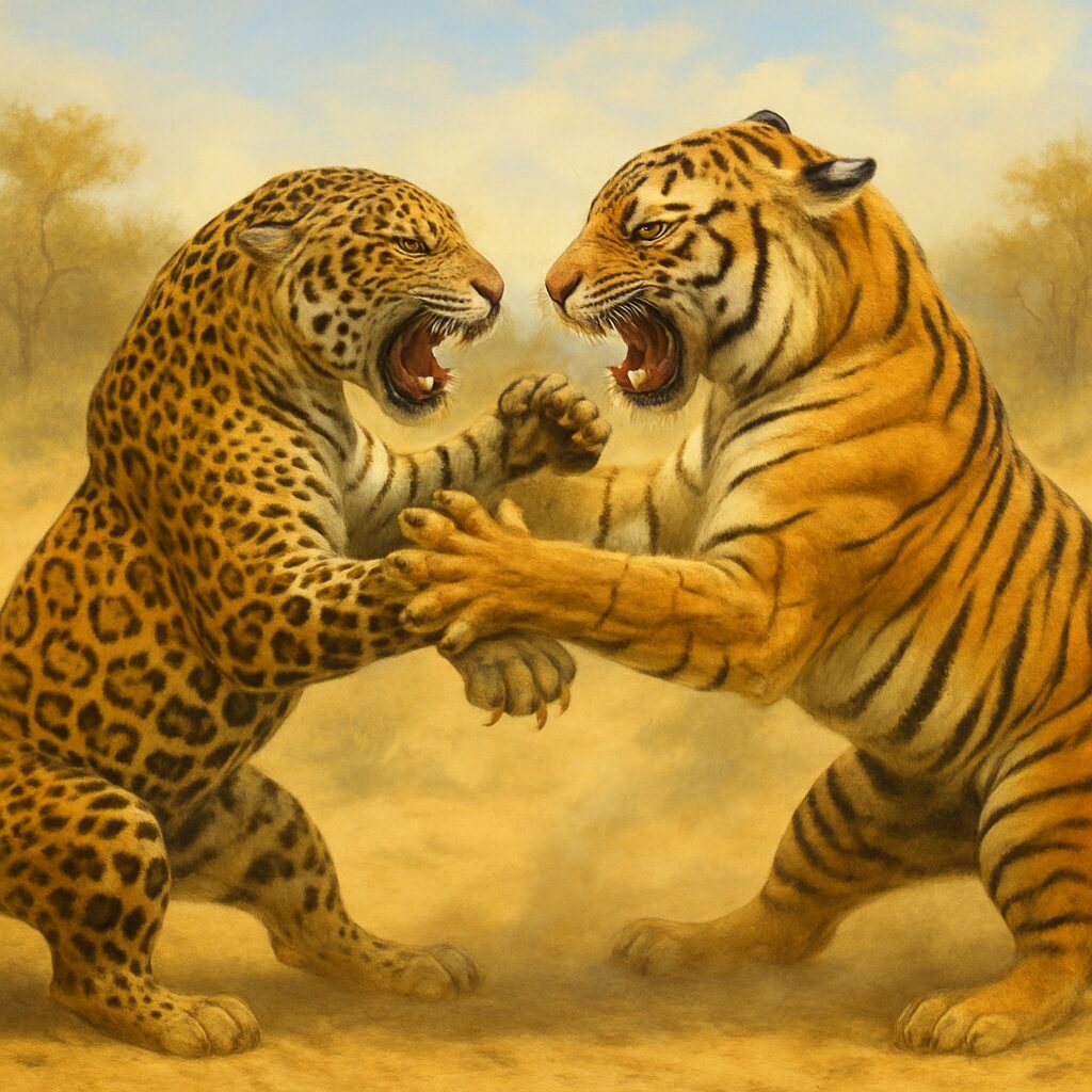 ジャガーとトラが戦う画像