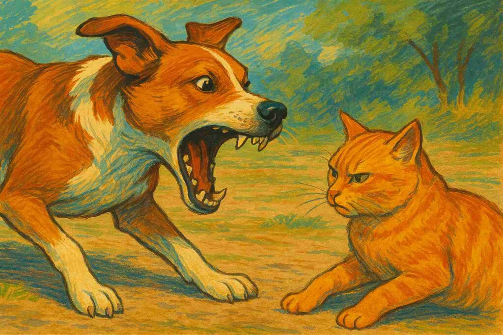 威嚇しあう猫と犬の画像