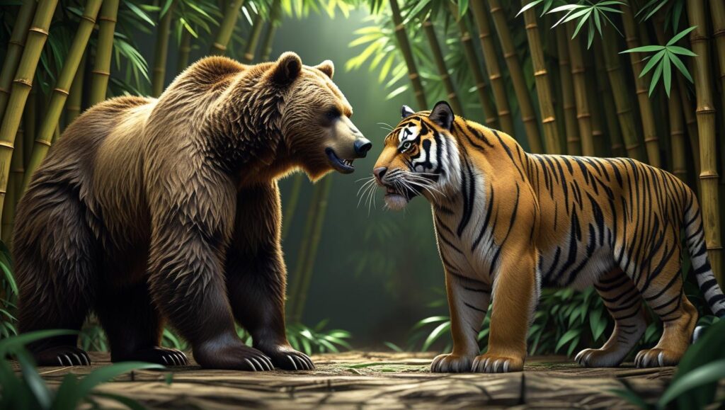 森で向き合うクマとトラ
