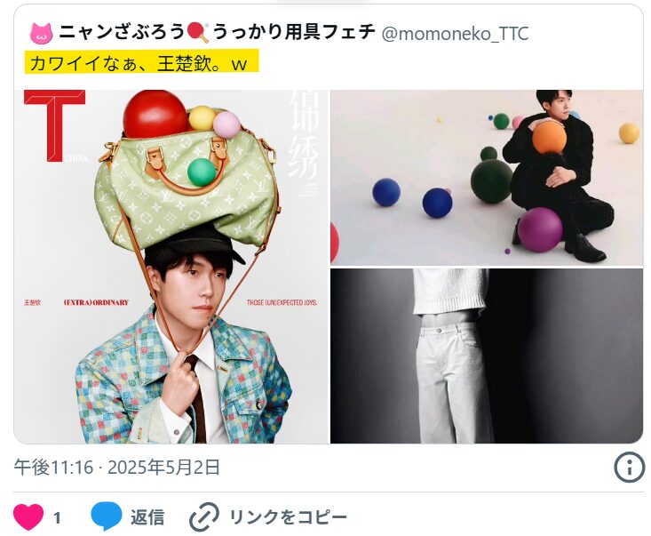 王楚欽のポートレート写真にコメントするXの画像